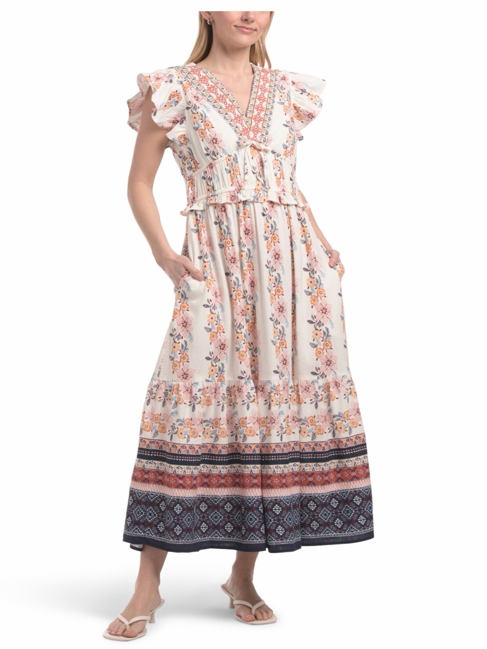 LEAVE BOHO FLORAL FLUTTER SLEEVE IN WHITE AND NAVY BORDER SIZE M NWT - Picture 7 of 11